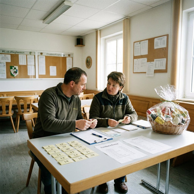 Organisierter Tisch mit Losen, Preisliste, Klemmbrett und Geschenkkorb in hellem Vereinsraum, während zwei Personen die Tombola planen.