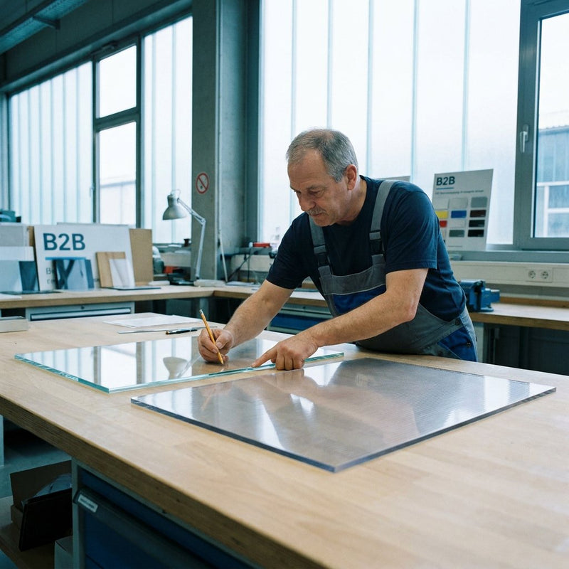 Zwei transparente Kunststoffplatten auf Werkbank im deutschen Betrieb: links glasklares Acrylglas, rechts robustes Polycarbonat im direkten Vergleich.