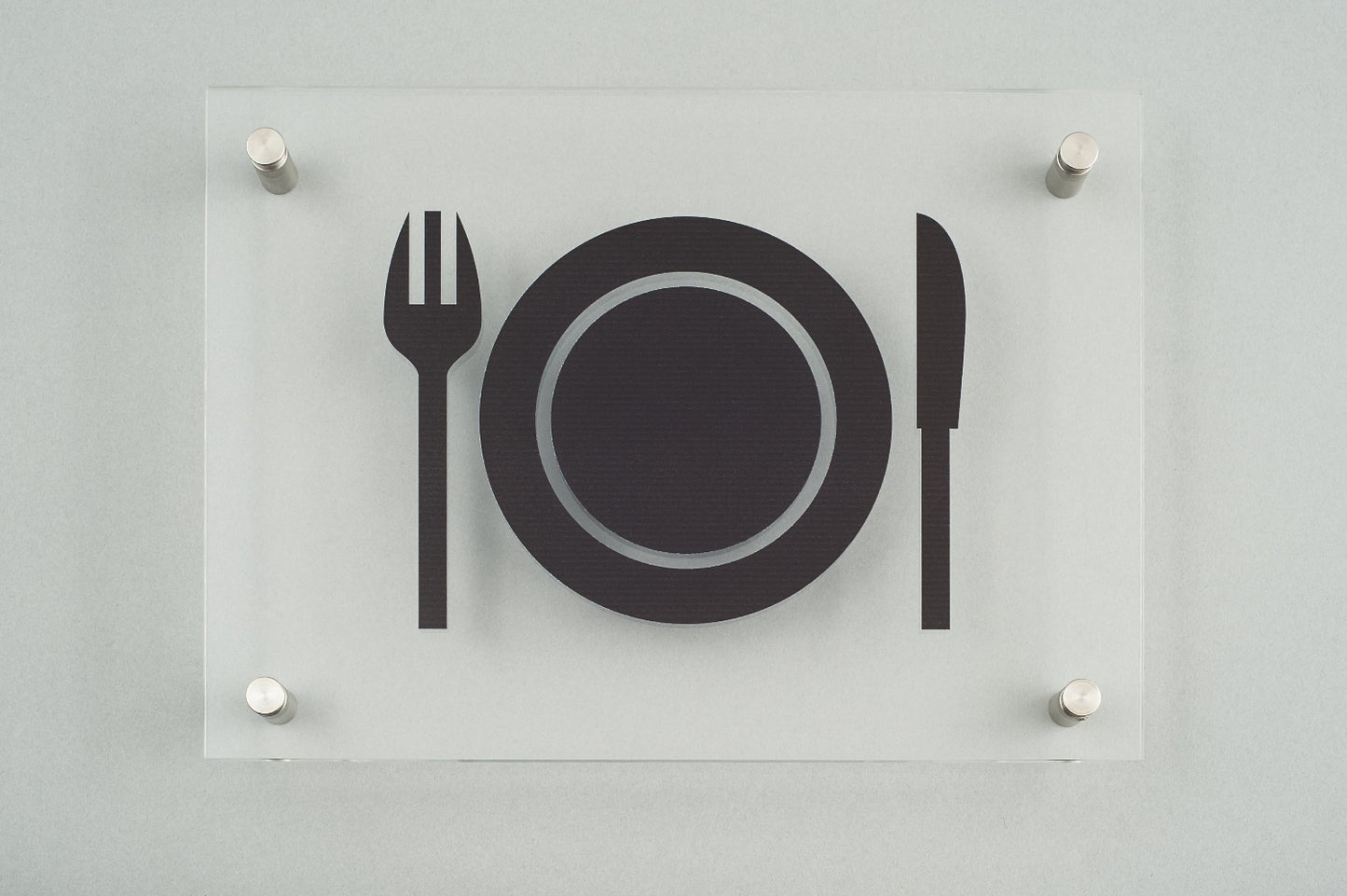 Türschild / Hinweisschild aus durchsichtigem Acrylglas mit Aufdruck Essen und Trinken mit 4 Halterungen aus Edelstahl