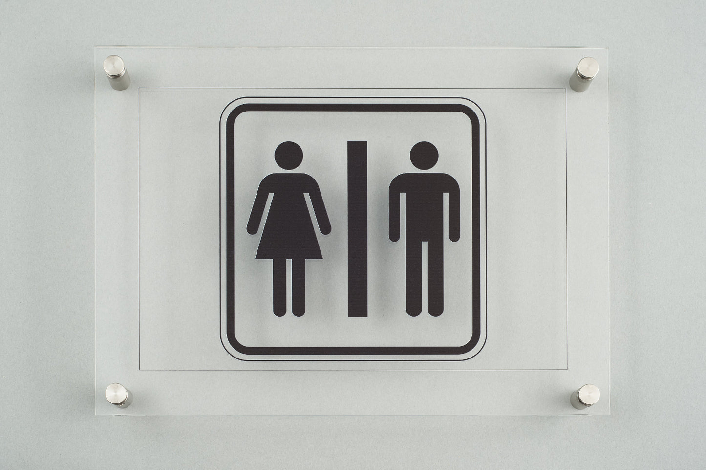 Türschild / Wandschild aus transparentem Acrylglas mit Aufdruck für das WC mit 4 Halterungen aus Edelstahl