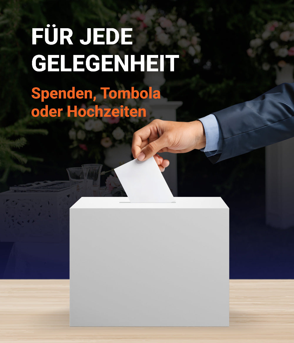 Losbox / Spendenbox aus Acrylglas mit abnehmbarem Deckel in Weiß