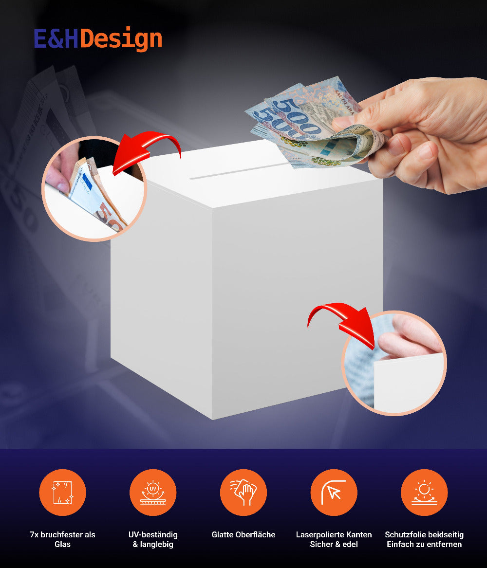 Losbox / Spendenbox aus Acrylglas mit abnehmbarem Deckel in Weiß