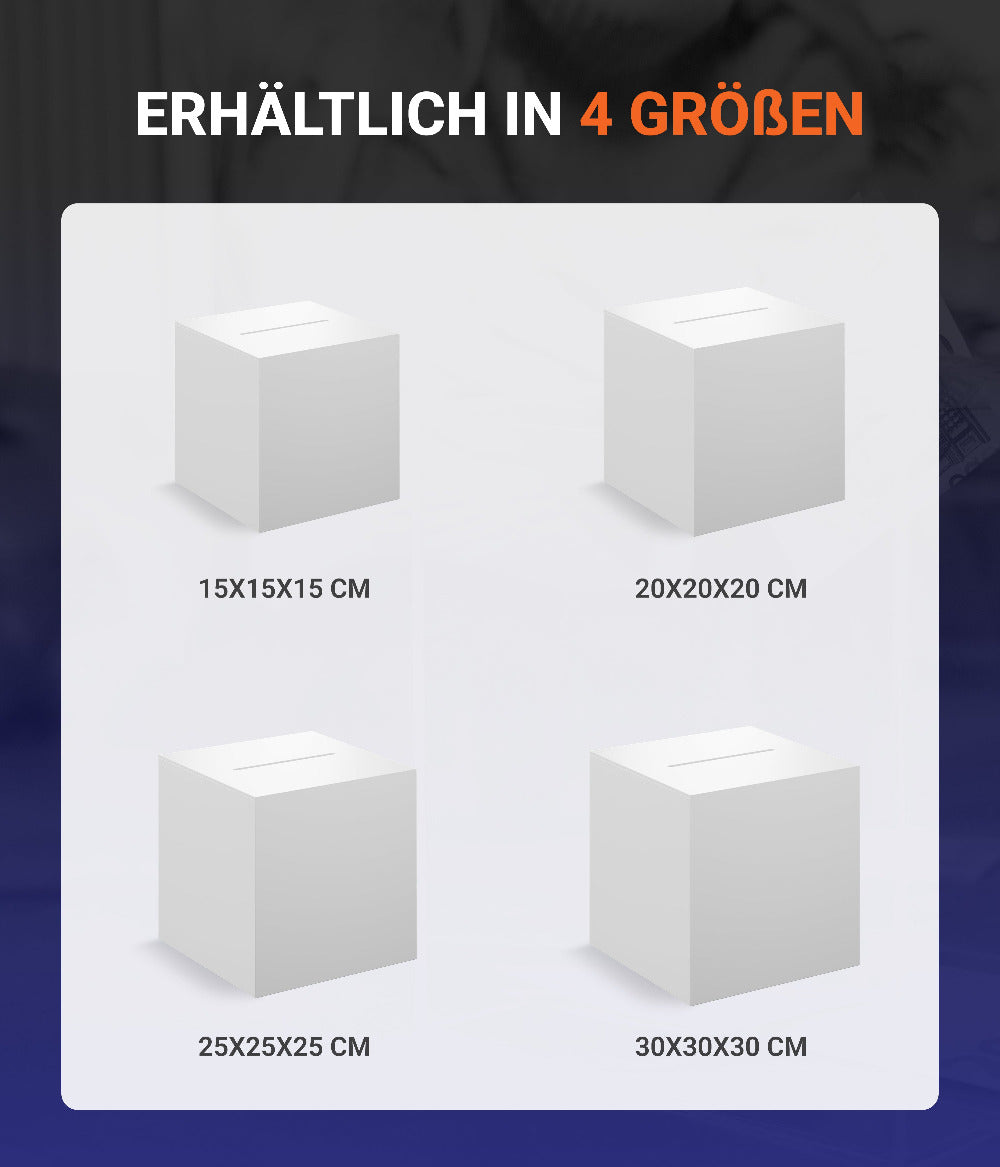 Losbox / Spendenbox aus Acrylglas mit abnehmbarem Deckel in Weiß