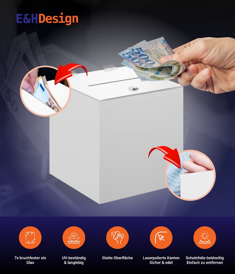 EHDesign Acrylbox Losbox / Spendenbox aus Acrylglas mit Schloss in Weiß