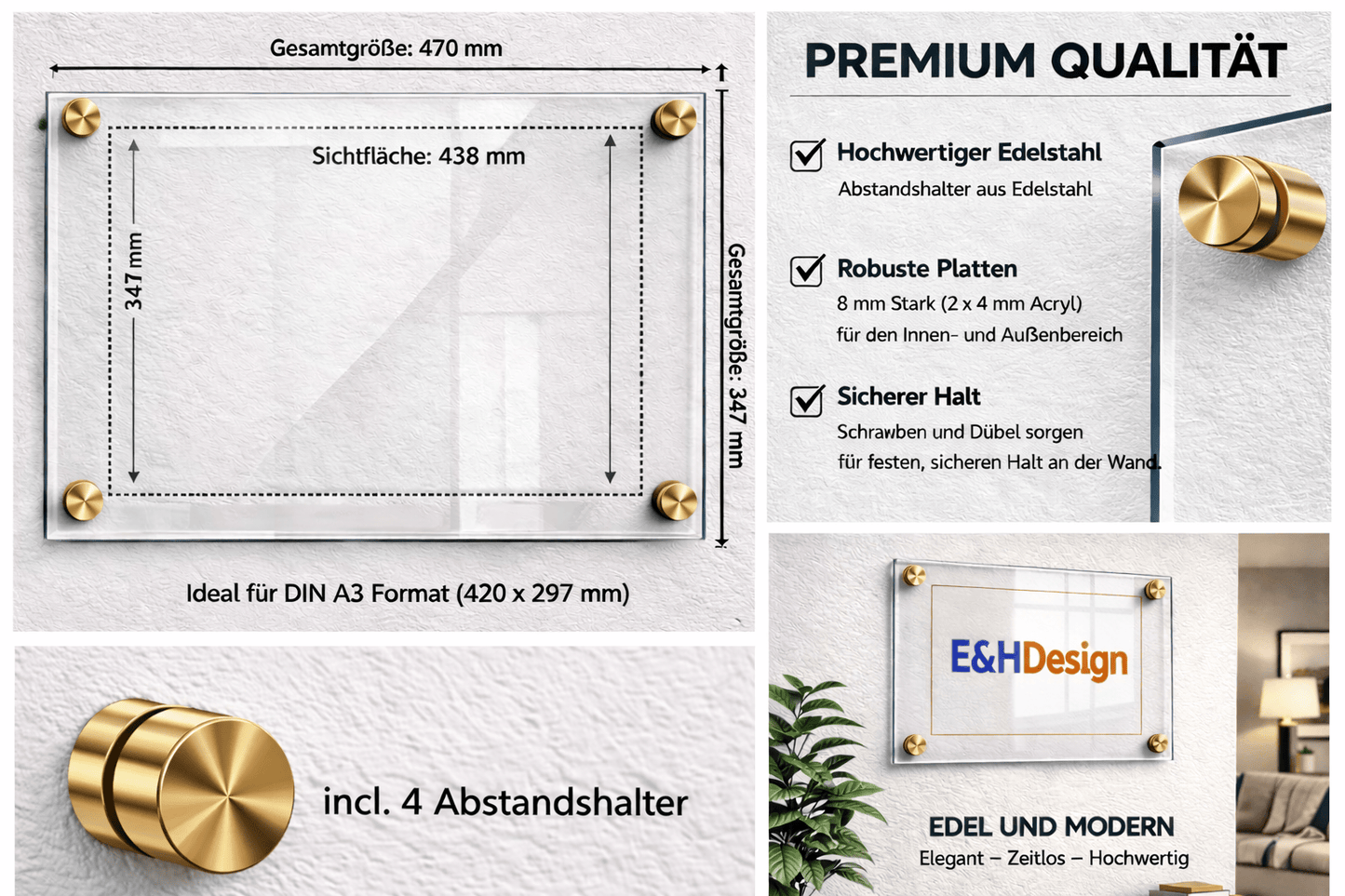 EHDesign Tür & Wandschild aus transparentem Acrylglas 34.7 x 47 cm Innenmaß Einlage 31,5 x 43,8 cm (ideal für DIN A3 - 29,7 x 42 cm), Abstandshalter gold