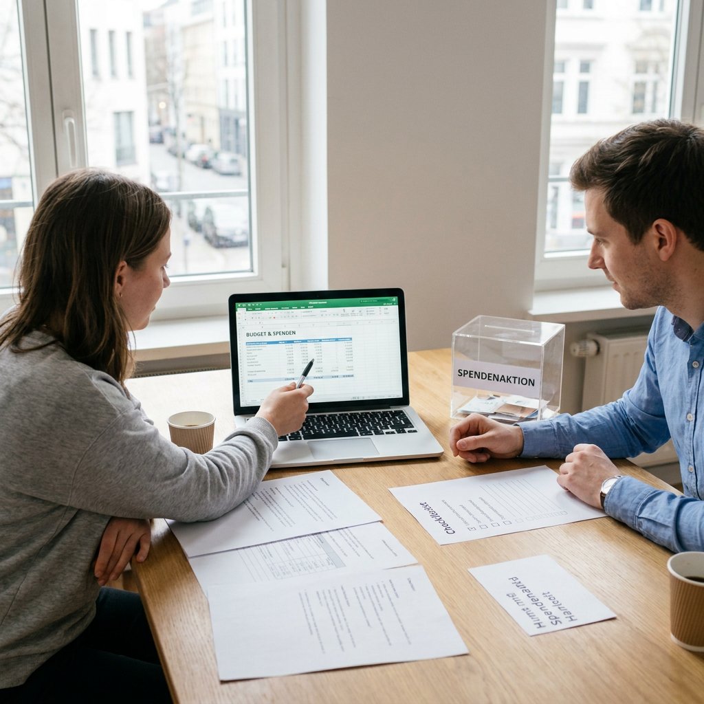 Zwei Organisatoren planen eine Spendenaktion an einem Tisch mit Checkliste, Laptop und transparenter Spendenbox in hellem Büro.
