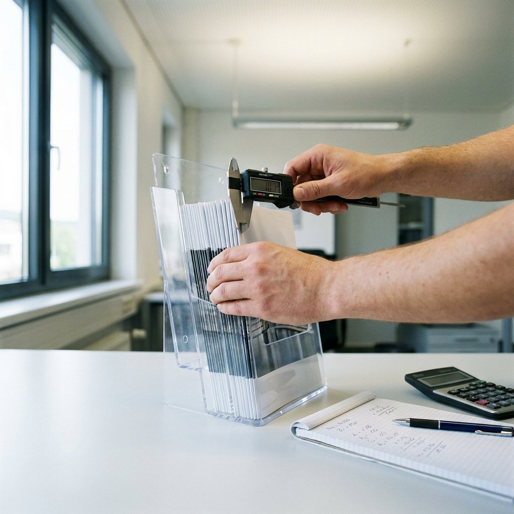 Transparenter Acryl-Prospekthalter auf einem Arbeitstisch, gefüllt mit Broschüren, daneben Messschieber und Notizblatt zur Berechnung der Fülltiefe.