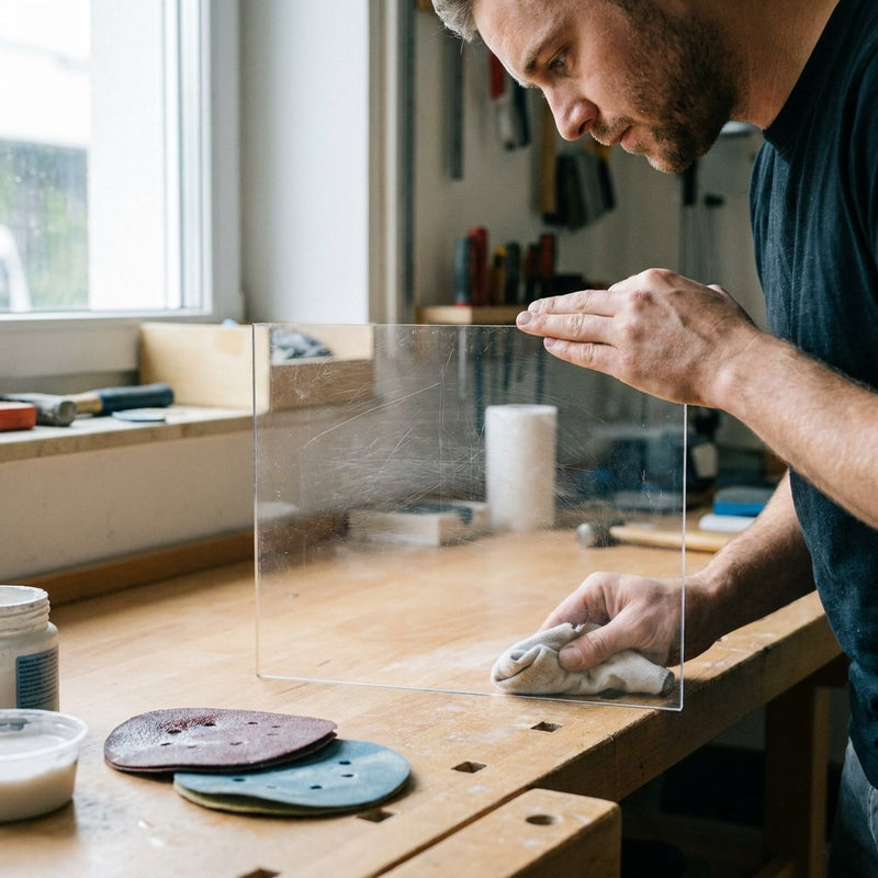 Nahaufnahme einer Hand, die eine Acrylglasplatte in heller Werkstatt mit Politur bearbeitet; Schleifpads und Tuch liegen ordentlich daneben.