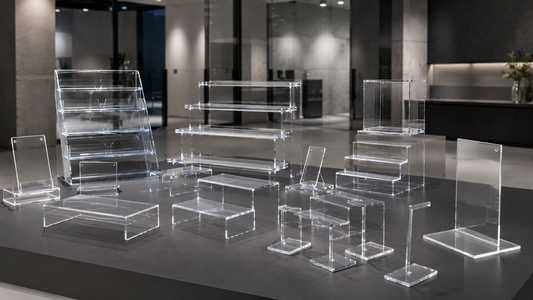 Modern display systems presenting products with structured acrylic presentation design
