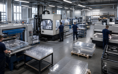 Moderne Kunststoffherstellung mit CNC, Laserschneiden und Tiefziehen in Produktionshalle