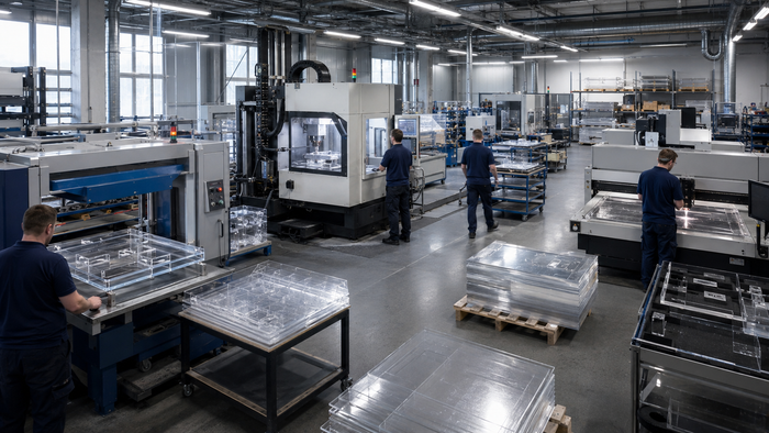 Moderne Kunststoffherstellung mit CNC, Laserschneiden und Tiefziehen in Produktionshalle