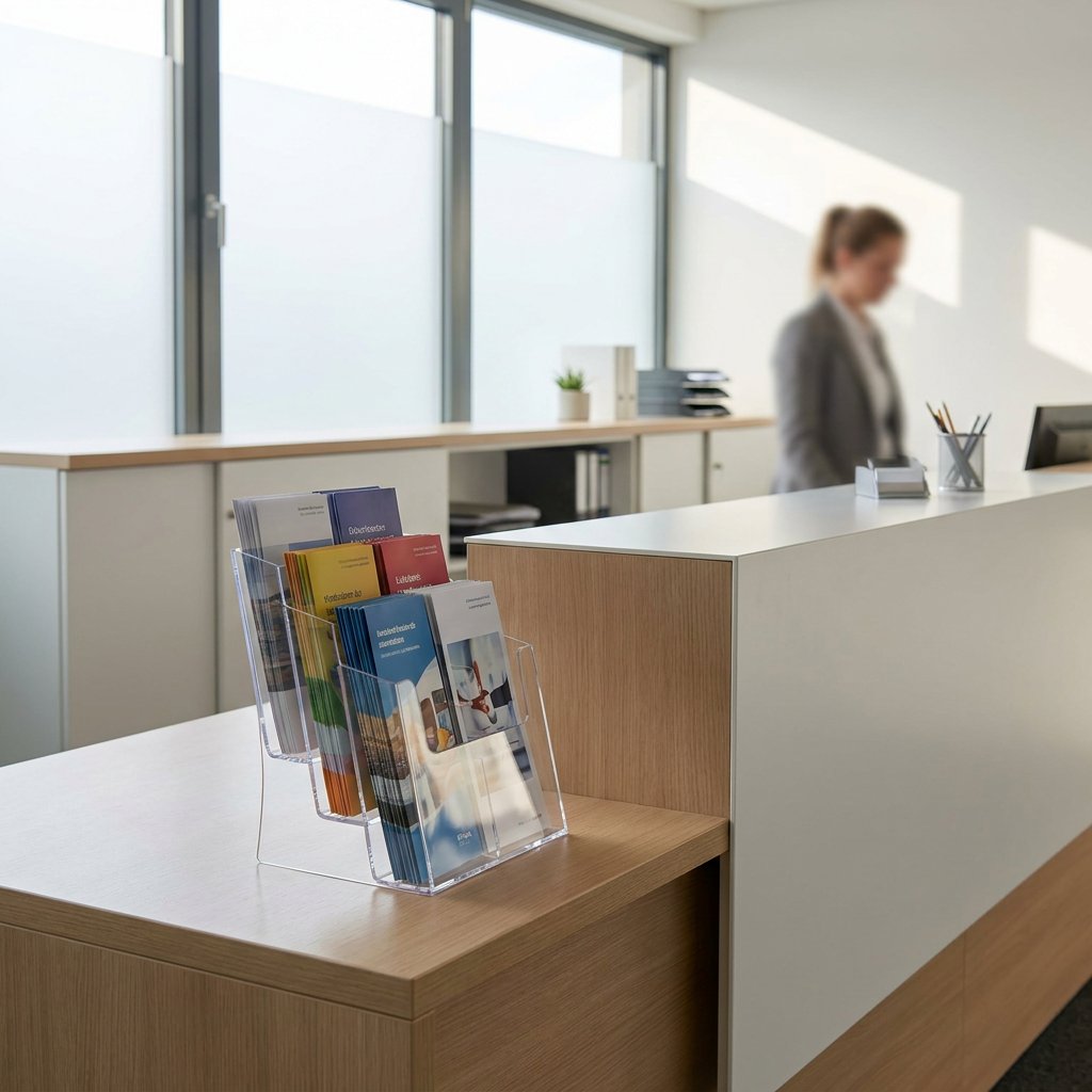 Transparenter Acryl-Flyerständer mit Broschüren auf einer modernen Empfangstheke in hellem Büroambiente, sauber inszeniert und hochwertig fotografiert.