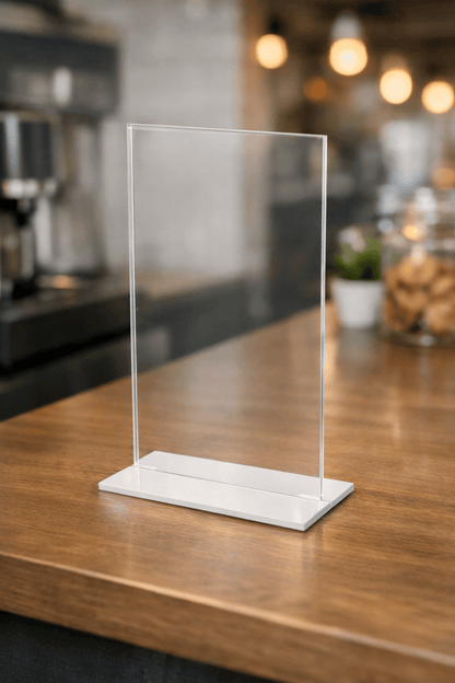 EHDesign Acrylaufsteller mit weißem Acrylfuß
