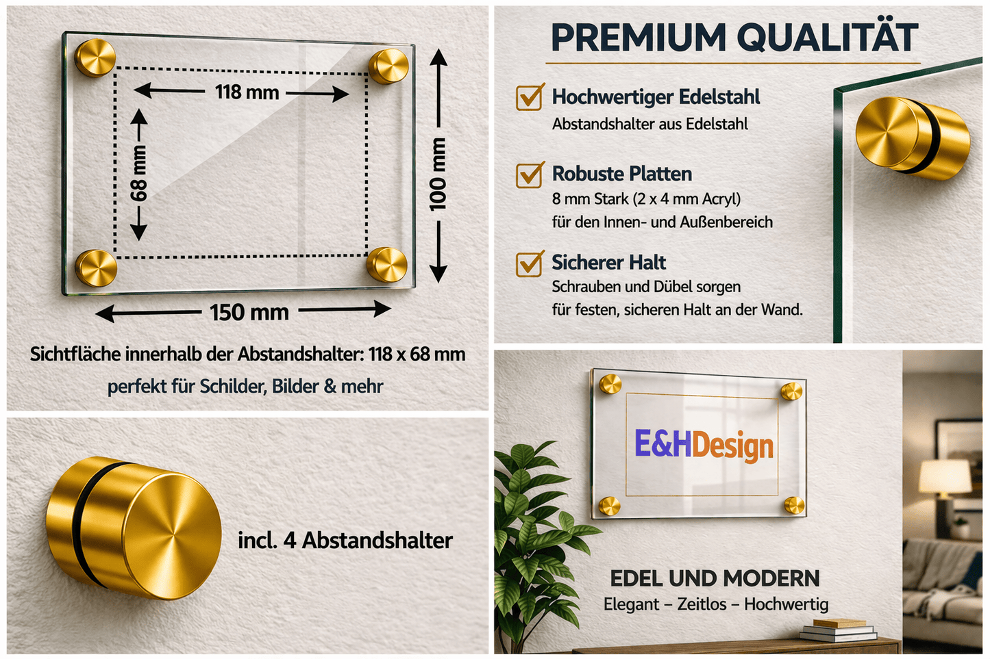 EHDesign Tür & Wandschild aus transparentem Acrylglas 10 x 15 cm Innenmaß Einlage 6,8 x 11,8 cm, Abstandshalter gold