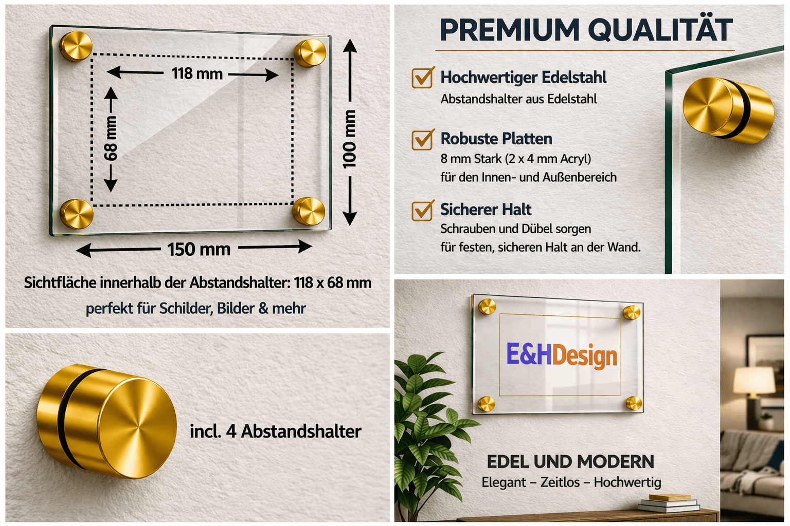 EHDesign Tür & Wandschild aus transparentem Acrylglas 10 x 15 cm Innenmaß Einlage 6,8 x 11,8 cm, Abstandshalter gold