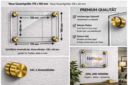 EHDesign Tür & Wandschild aus transparentem Acrylglas 10 x 17 cm Innenmaß Einlage 6,8 x 13,8 cm, Abstandshalter gold