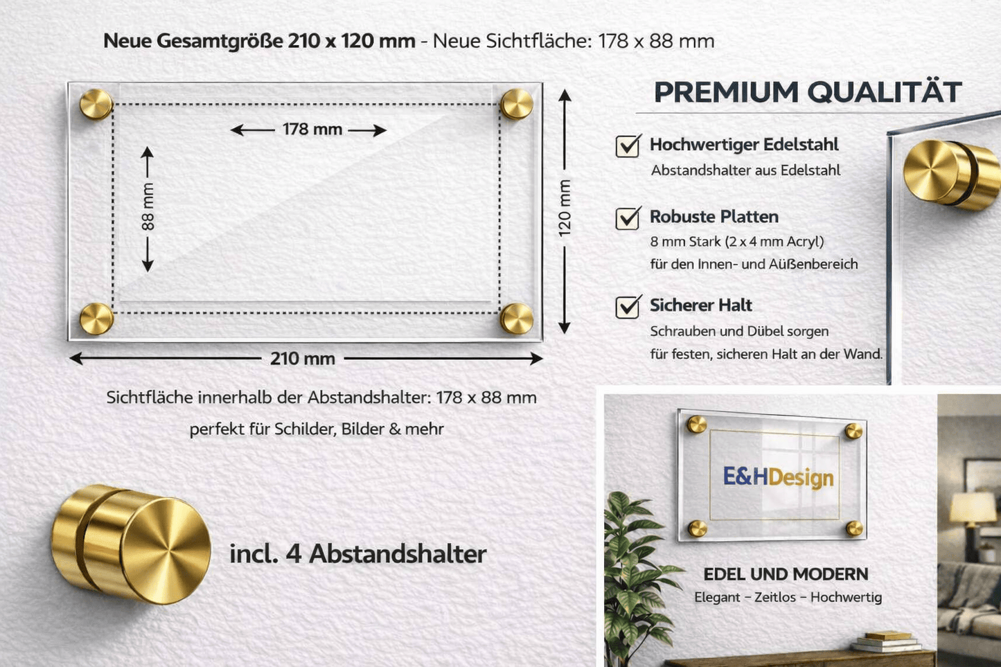 EHDesign Tür & Wandschild aus transparentem Acrylglas 12 x 21 cm Innenmaß Einlage 8,8 x 17,8 cm, Abstandshalter gold