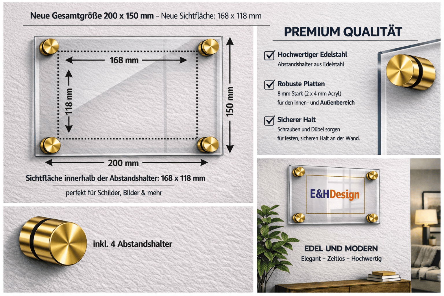 EHDesign Tür & Wandschild aus transparentem Acrylglas 15 x 20 cm Innenmaß Einlage 11,8 x 16,8 cm, Abstandshalter gold