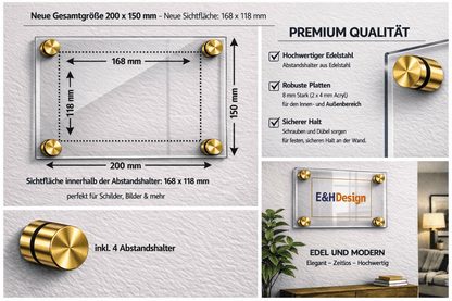 EHDesign Tür & Wandschild aus transparentem Acrylglas 15 x 20 cm Innenmaß Einlage 11,8 x 16,8 cm, Abstandshalter gold