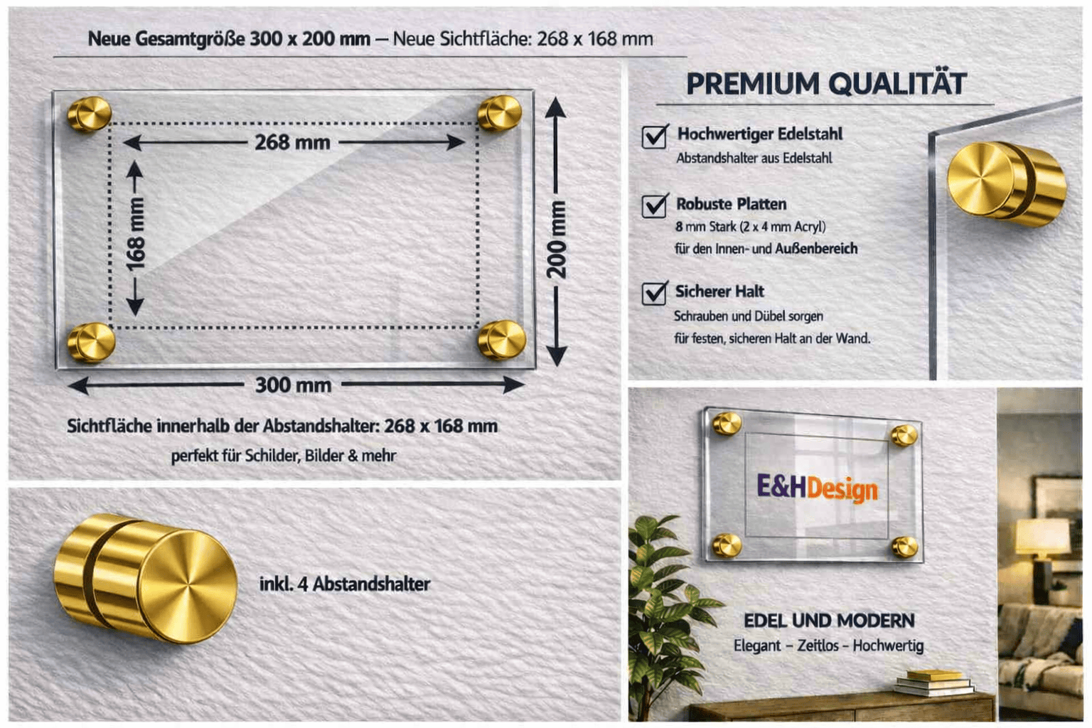EHDesign Tür & Wandschild aus transparentem Acrylglas 20 x 30 cm Innenmaß Einlage 16,8 x 26,8 cm, Abstandshalter gold