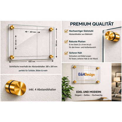 EHDesign Tür & Wandschild aus transparentem Acrylglas 30 x 42 cm Innenmaß Einlage 26,1 x 38,1 cm, Abstandshalter gold
