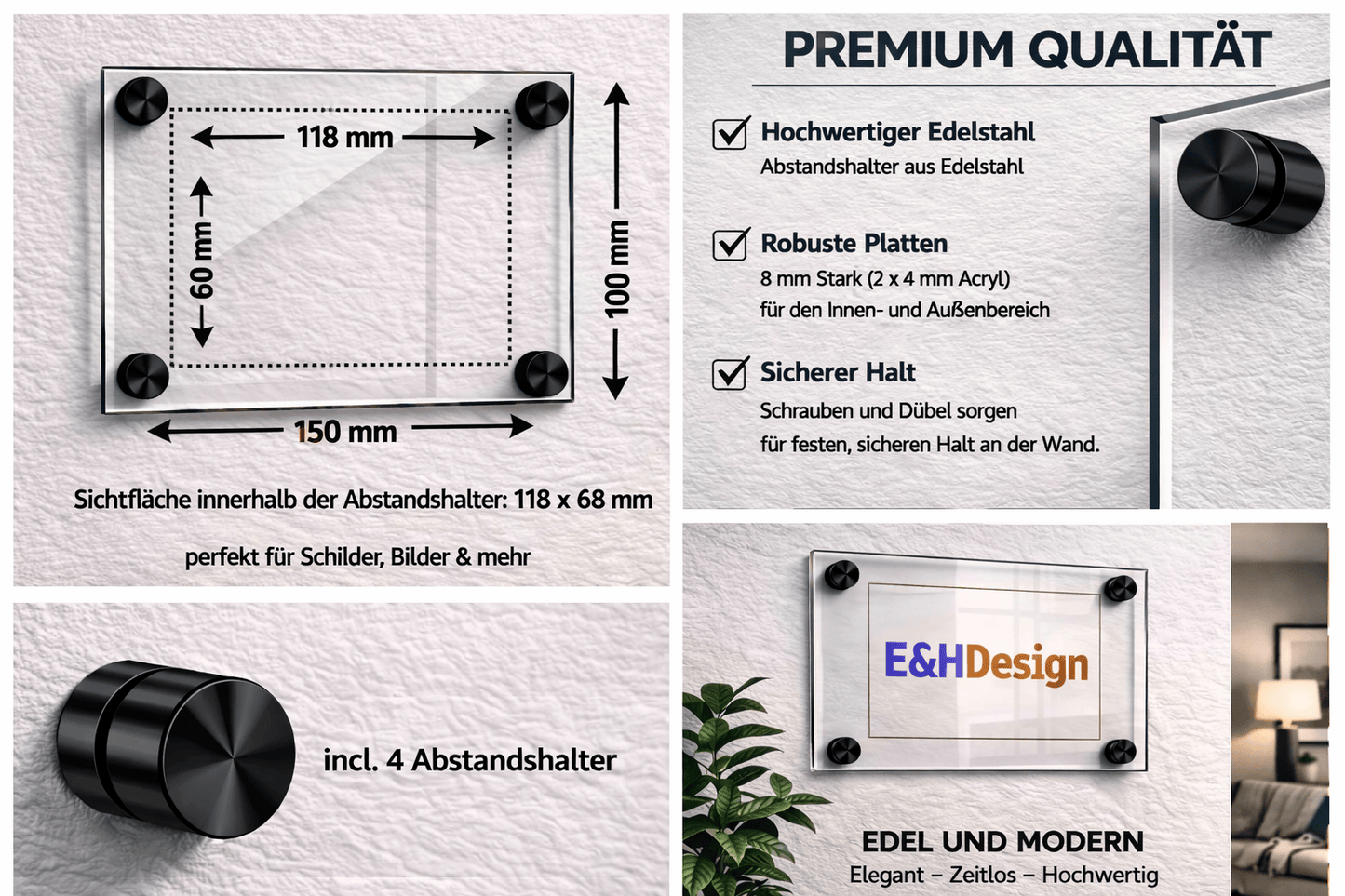 EHDesign Tür & Wandschild aus transparentem Acrylglas 10 x 15 cm Innenmaß Einlage 6,8 x 11,8 cm, Abstandshalter schwarz