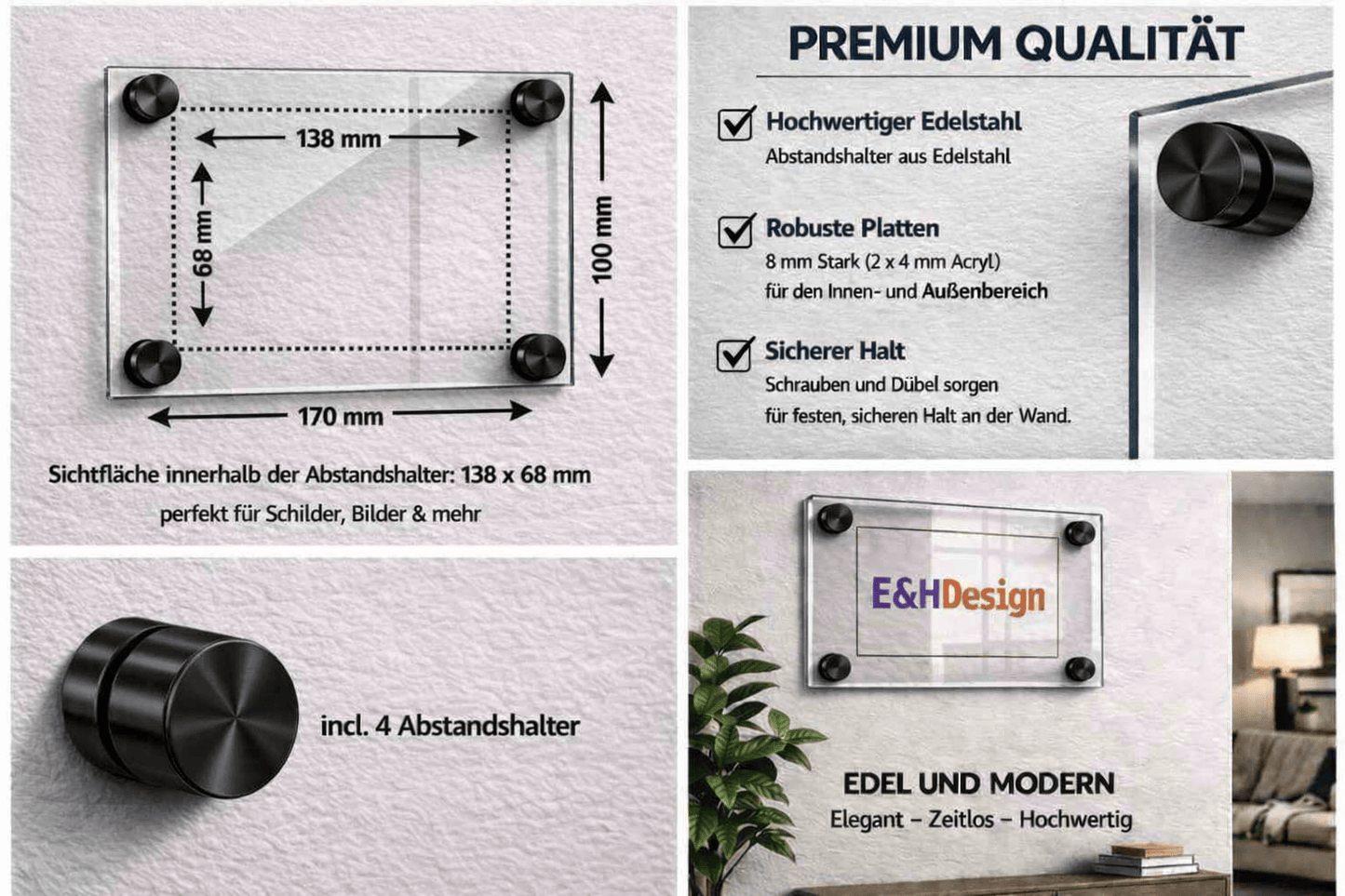 EHDesign Tür & Wandschild aus transparentem Acrylglas 10 x 17 cm Innenmaß Einlage 6,8 x 13,8 cm, Abstandshalter schwarz