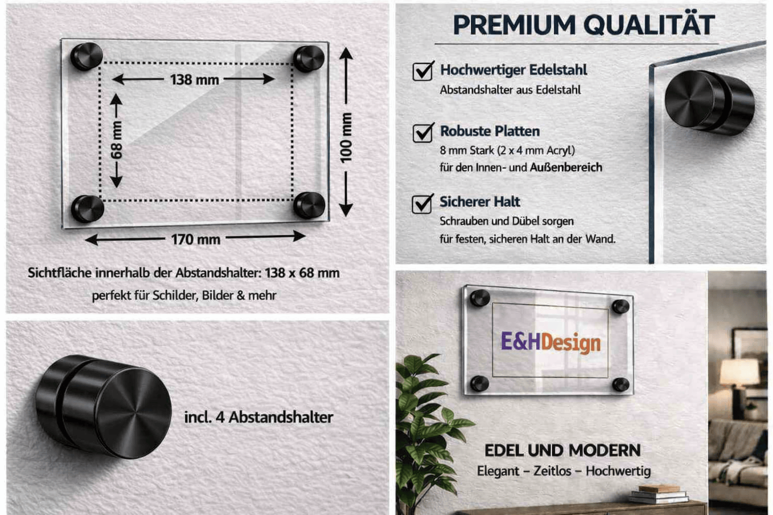 EHDesign Tür & Wandschild aus transparentem Acrylglas 10 x 17 cm Innenmaß Einlage 6,8 x 13,8 cm, Abstandshalter schwarz