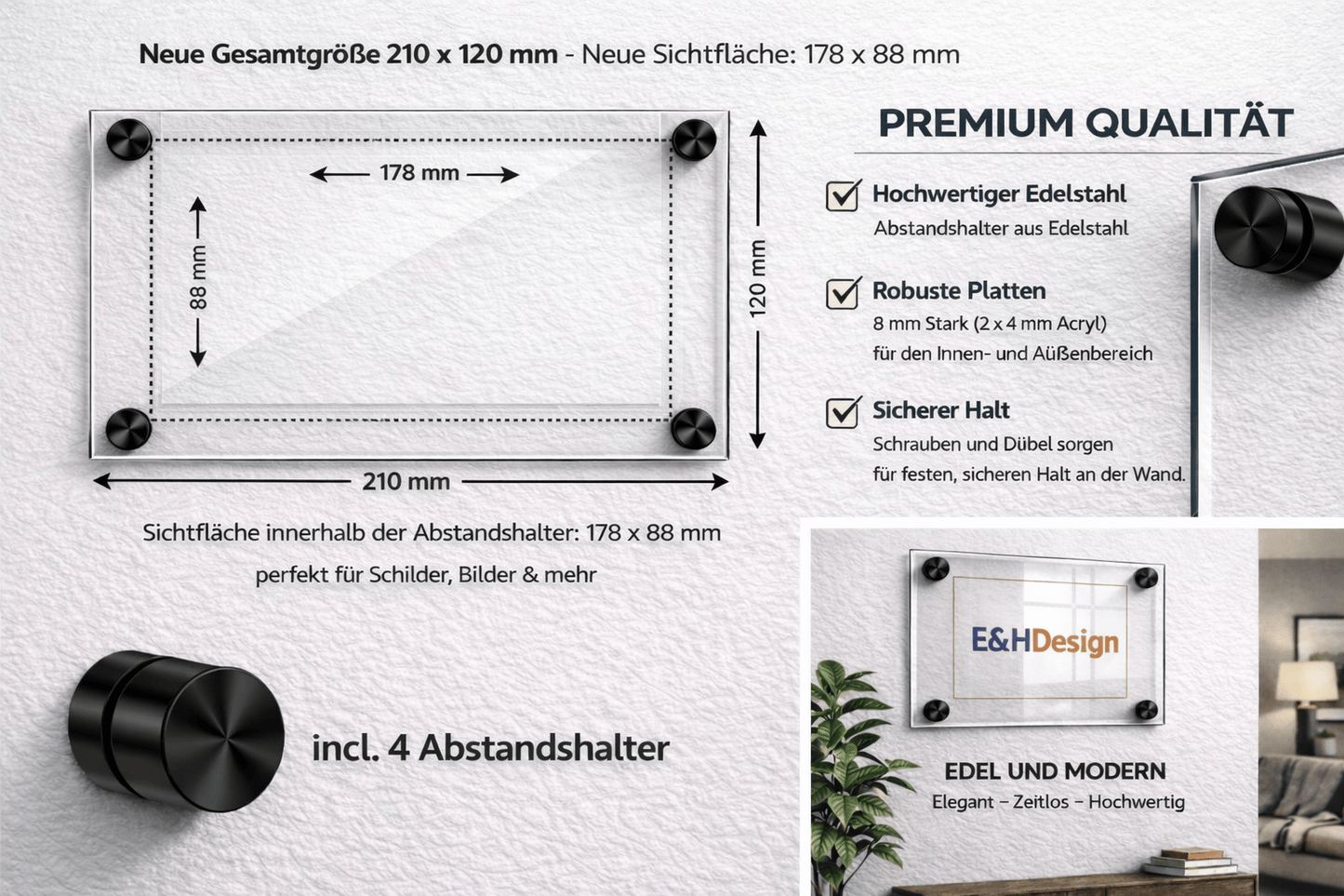 EHDesign Tür & Wandschild aus transparentem Acrylglas 12 x 21 cm Innenmaß Einlage 8,8 x 17,8 cm, Abstandshalter schwarz