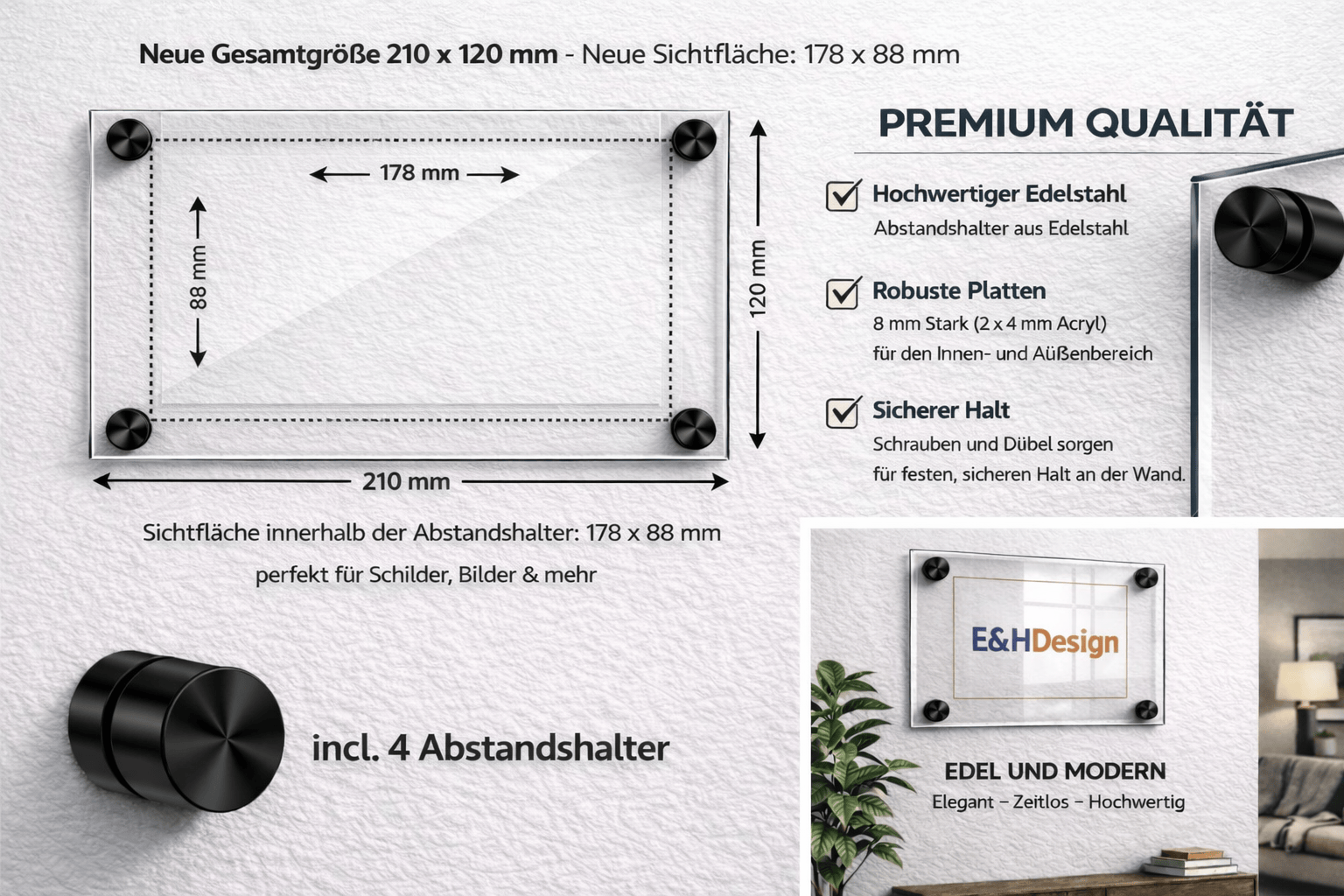 EHDesign Tür & Wandschild aus transparentem Acrylglas 12 x 21 cm Innenmaß Einlage 8,8 x 17,8 cm, Abstandshalter schwarz