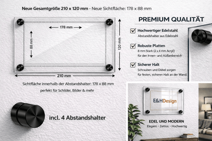 EHDesign Tür & Wandschild aus transparentem Acrylglas 12 x 21 cm Innenmaß Einlage 8,8 x 17,8 cm, Abstandshalter schwarz