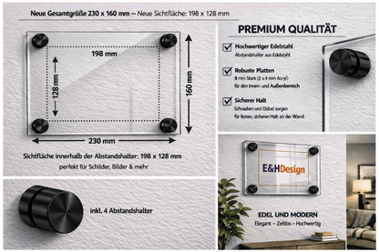 EHDesign Tür & Wandschild aus transparentem Acrylglas 16 x 23 cm Innenmaß Einlage 12,8 x 19,8 cm, Abstandshalter schwarz