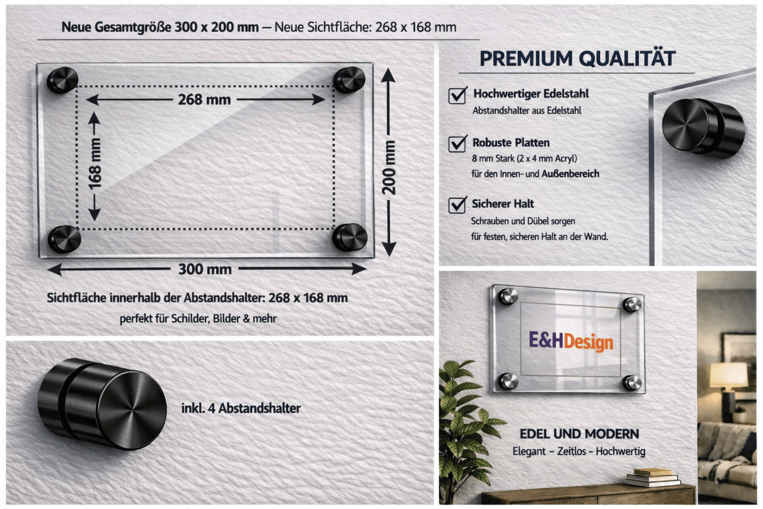 EHDesign Tür & Wandschild aus transparentem Acrylglas 20 x 30 cm Innenmaß Einlage 16,8 x 26,8 cm, Abstandshalter schwarz