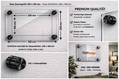 EHDesign Tür & Wandschild aus transparentem Acrylglas 20 x 30 cm Innenmaß Einlage 16,8 x 26,8 cm, Abstandshalter schwarz