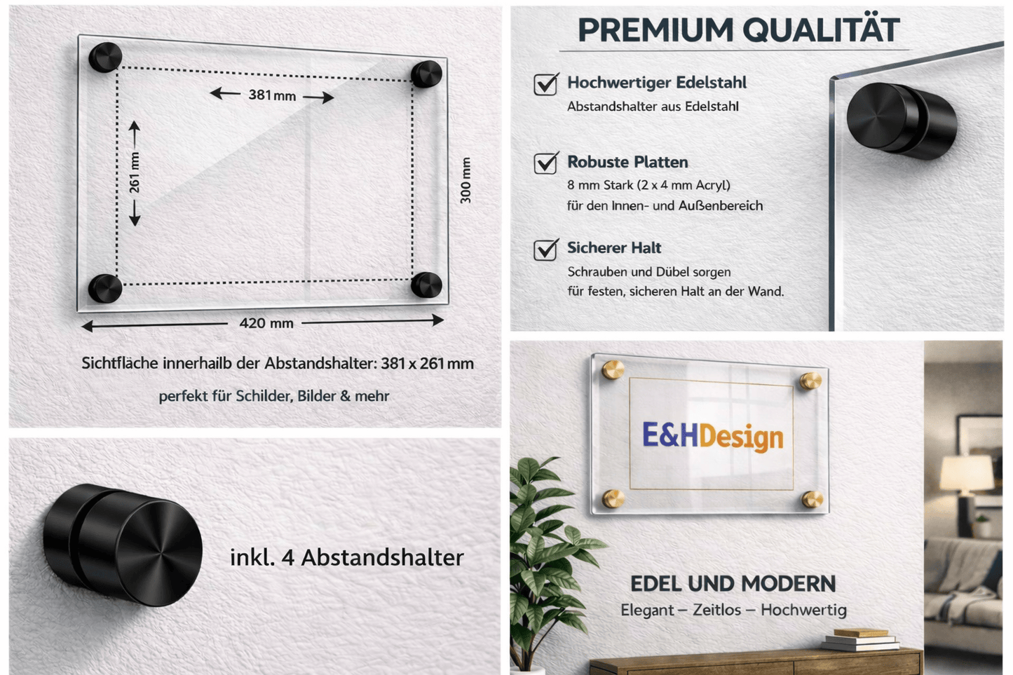EHDesign Tür & Wandschild aus transparentem Acrylglas 30 x 42 cm Innenmaß Einlage 26,1 x 38,1 cm, Abstandshalter schwarz
