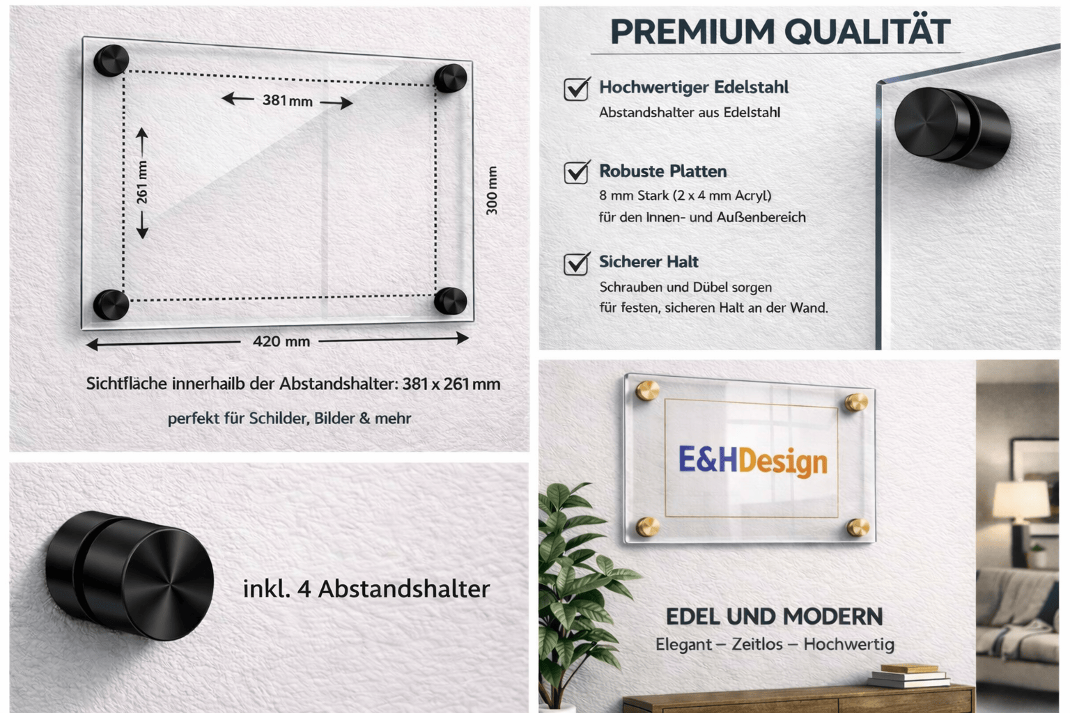 EHDesign Tür & Wandschild aus transparentem Acrylglas 30 x 42 cm Innenmaß Einlage 26,1 x 38,1 cm, Abstandshalter schwarz