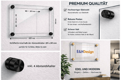 EHDesign Tür & Wandschild aus transparentem Acrylglas 30 x 42 cm Innenmaß Einlage 26,1 x 38,1 cm, Abstandshalter schwarz
