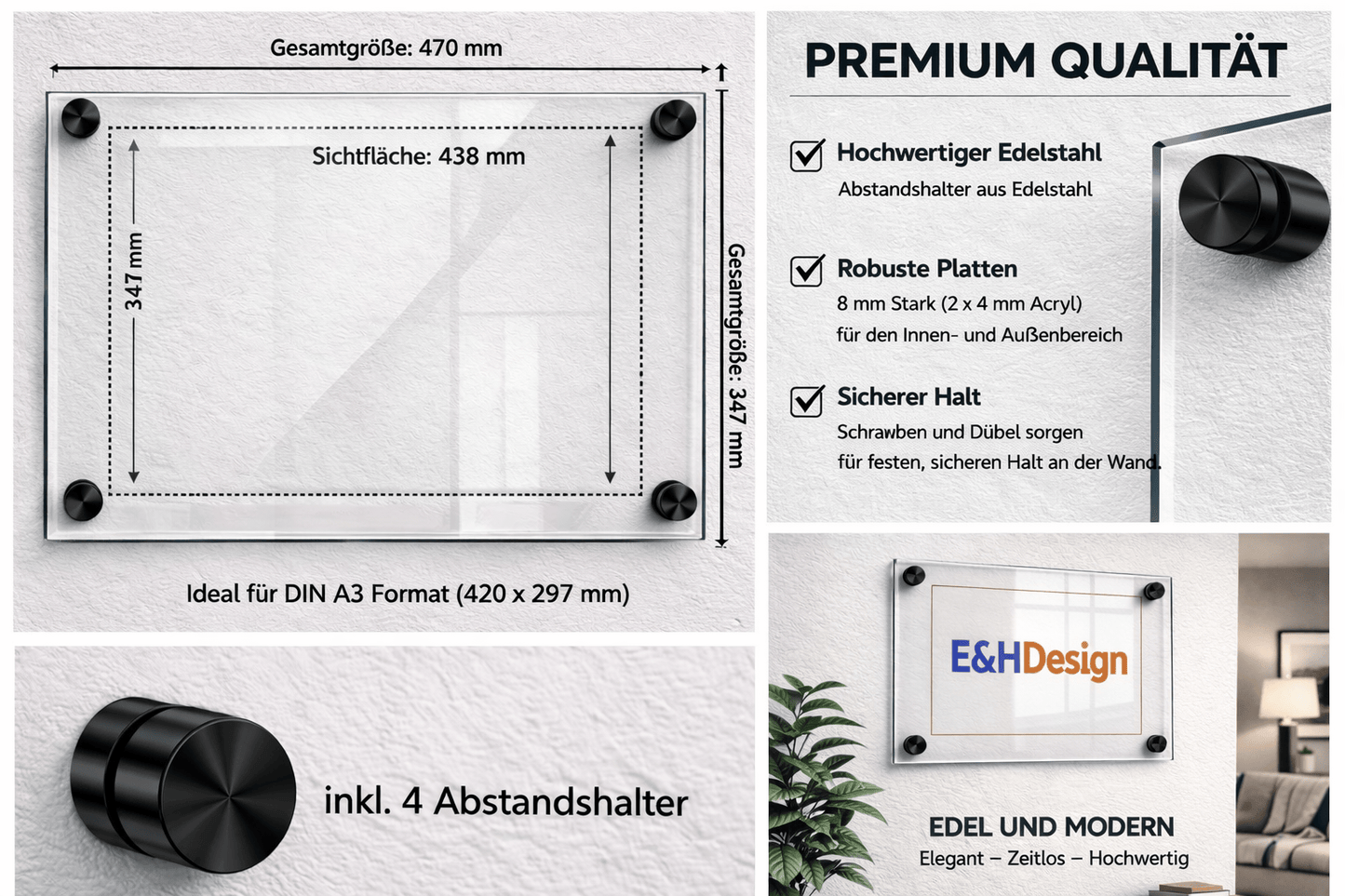 EHDesign Tür & Wandschild aus transparentem Acrylglas 34.7 x 47 cm  Innenmaß Einlage 31,5 x 43,8 cm (ideal für DIN A3 - 29,7 x 42 cm), Abstandshalter schwarz