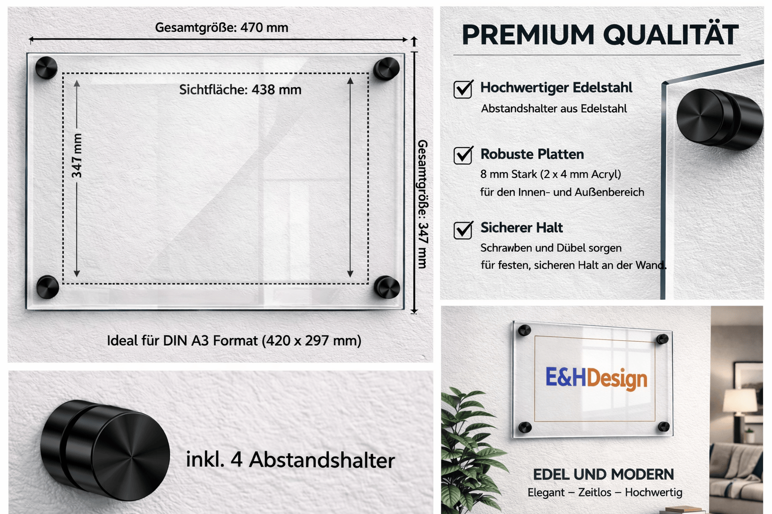 EHDesign Tür & Wandschild aus transparentem Acrylglas 34.7 x 47 cm  Innenmaß Einlage 31,5 x 43,8 cm (ideal für DIN A3 - 29,7 x 42 cm), Abstandshalter schwarz