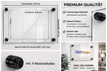 EHDesign Tür & Wandschild aus transparentem Acrylglas 34.7 x 47 cm  Innenmaß Einlage 31,5 x 43,8 cm (ideal für DIN A3 - 29,7 x 42 cm), Abstandshalter schwarz