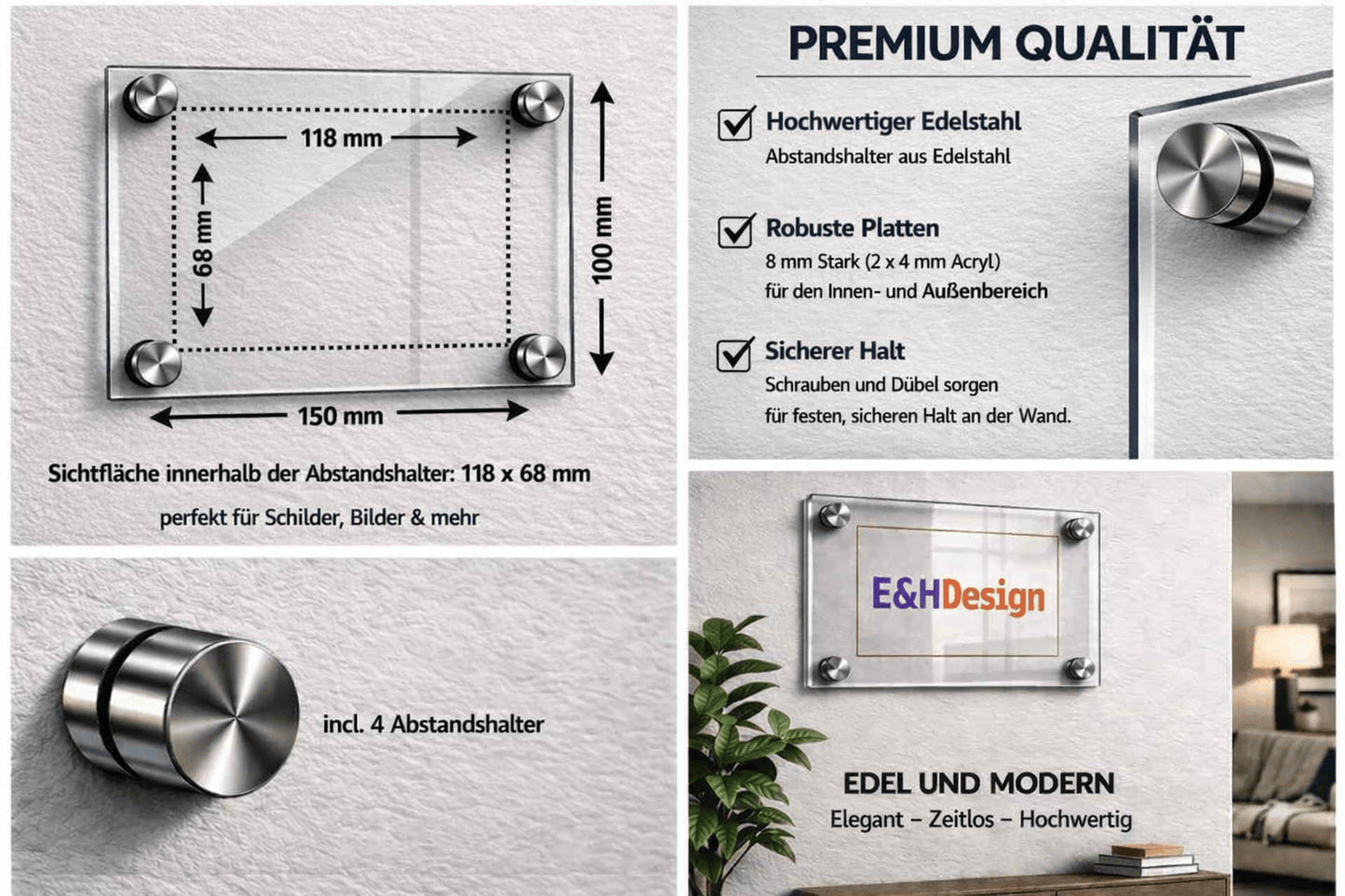 EHDesign   Tür & Wandschild aus transparentem Acrylglas 10 x 15 cm Innenmaß Einlage 6,8 x 11,8 cm, Abstandshalter silber