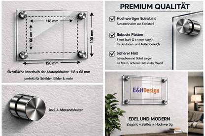 EHDesign   Tür & Wandschild aus transparentem Acrylglas 10 x 15 cm Innenmaß Einlage 6,8 x 11,8 cm, Abstandshalter silber