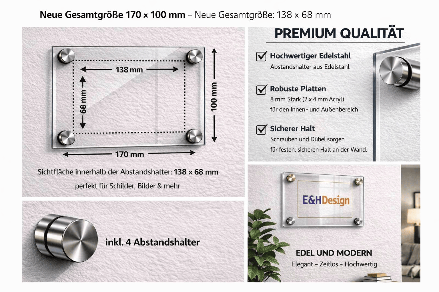 EHDesign  Tür & Wandschild aus transparentem Acrylglas 10 x 17 cm Innenmaß Einlage 6,8 x 13,8 cm, Abstandshalter silber