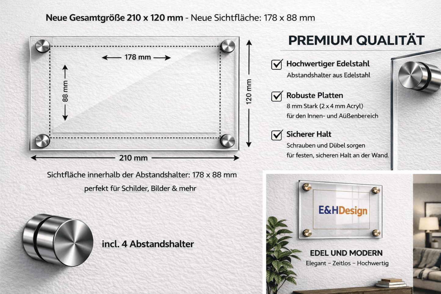 EHDesign Tür & Wandschild aus transparentem Acrylglas 12 x 21 cm Innenmaß Einlage 8,8 x 17,8 cm, Abstandshalter silber