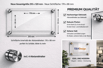 EHDesign Tür & Wandschild aus transparentem Acrylglas 12 x 21 cm Innenmaß Einlage 8,8 x 17,8 cm, Abstandshalter silber