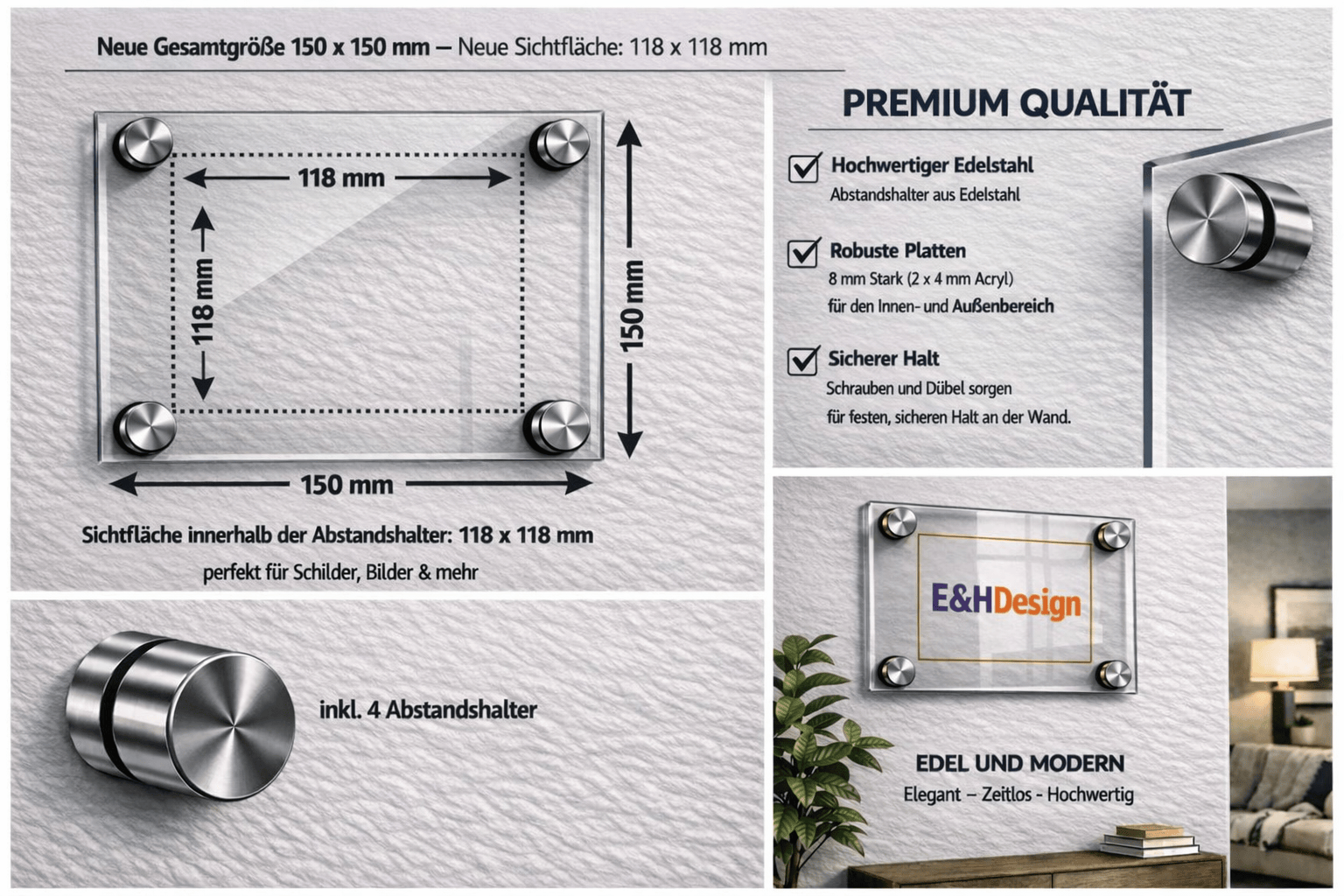 EHDesign Tür & Wandschild aus transparentem Acrylglas 15 x 15 cm Innenmaß Einlage 11,8 x 11,8 cm, Abstandshalter silber