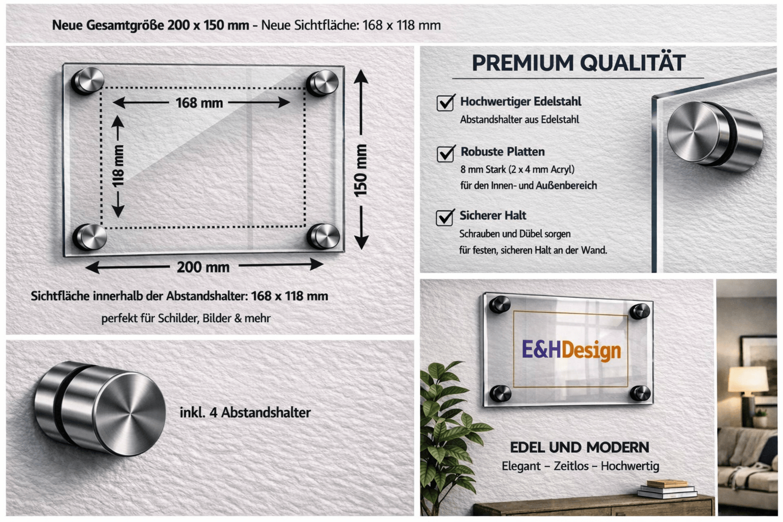 EHDesign  Tür & Wandschild aus transparentem Acrylglas 15 x 20 cm Innenmaß Einlage 11,8 x 16,8 cm, Abstandshalter silber