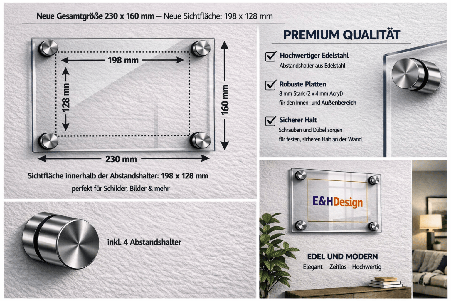 EHDesign Tür & Wandschild aus transparentem Acrylglas 16 x 23 cm Innenmaß Einlage 12,8 x 19,8 cm, Abstandshalter silber