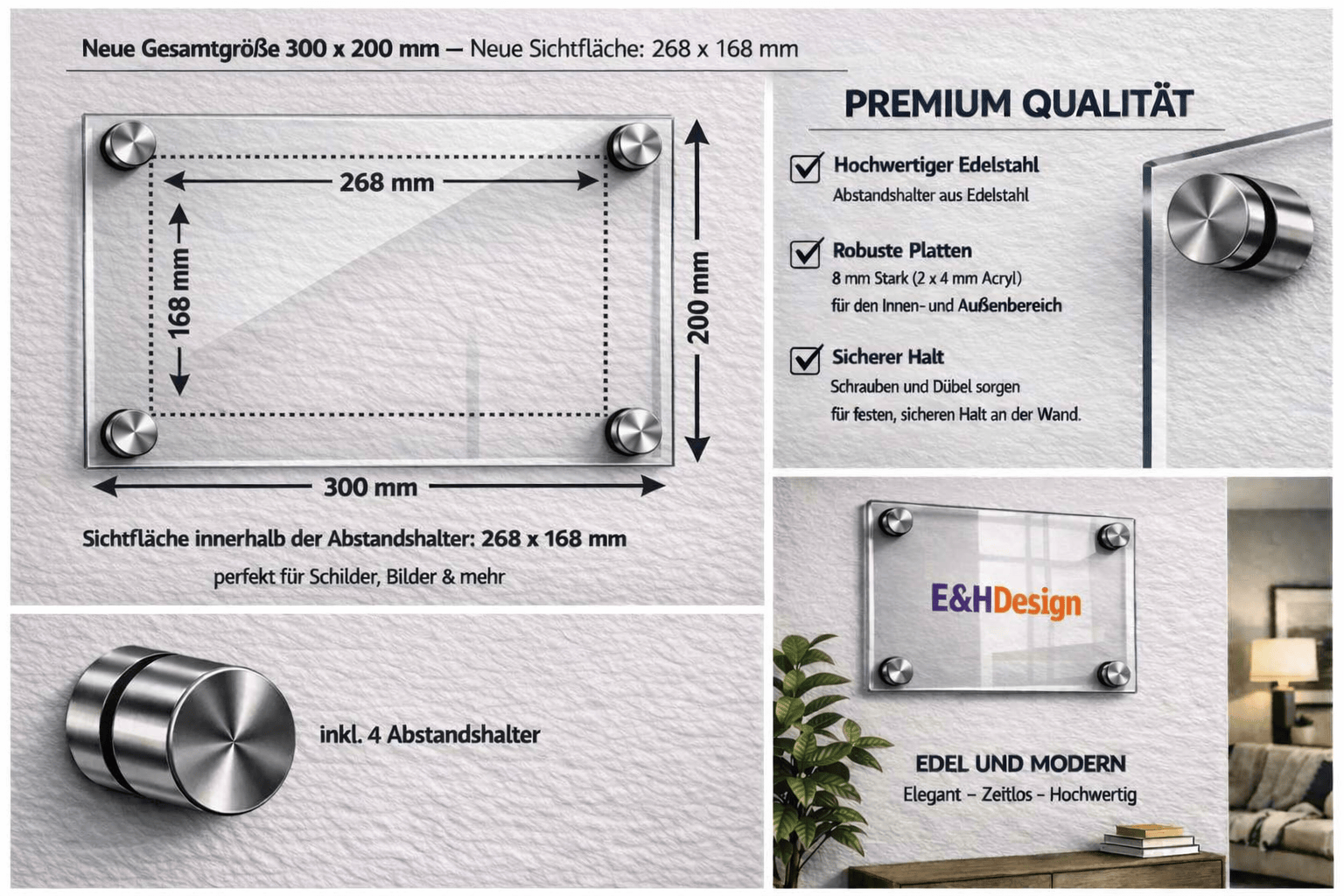 EHDesign Tür & Wandschild aus transparentem Acrylglas 20 x 30 cm Innenmaß Einlage 16,8 x 26,8 cm, Abstandshalter silber