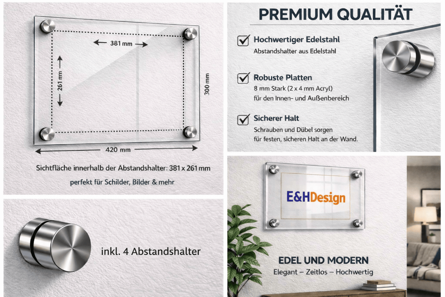 EHDesign  Tür & Wandschild aus transparentem Acrylglas 30 x 42 cm Innenmaß Einlage 26,1 x 38,1 cm, Abstandshalter silber